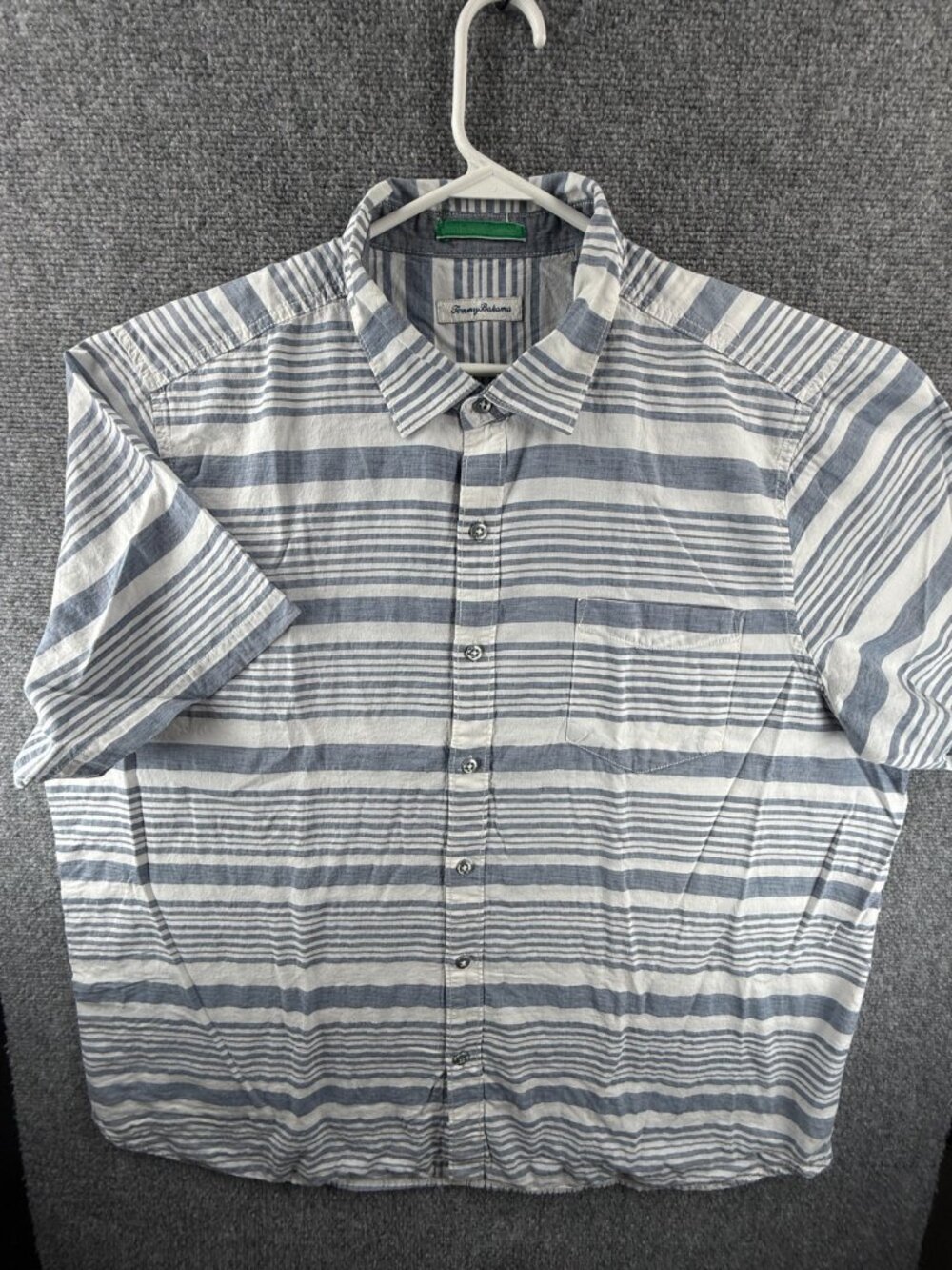 Tommy Bahama Cotton Short Sleeve 2XL Striped Blue Shirt Mens Hawaiian Pocket